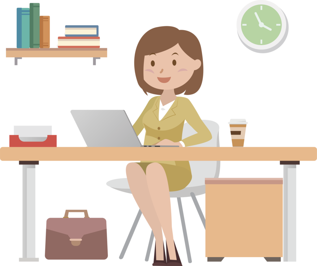 茶色い机でPCに向かって作業する黄色いスーツを着た女性