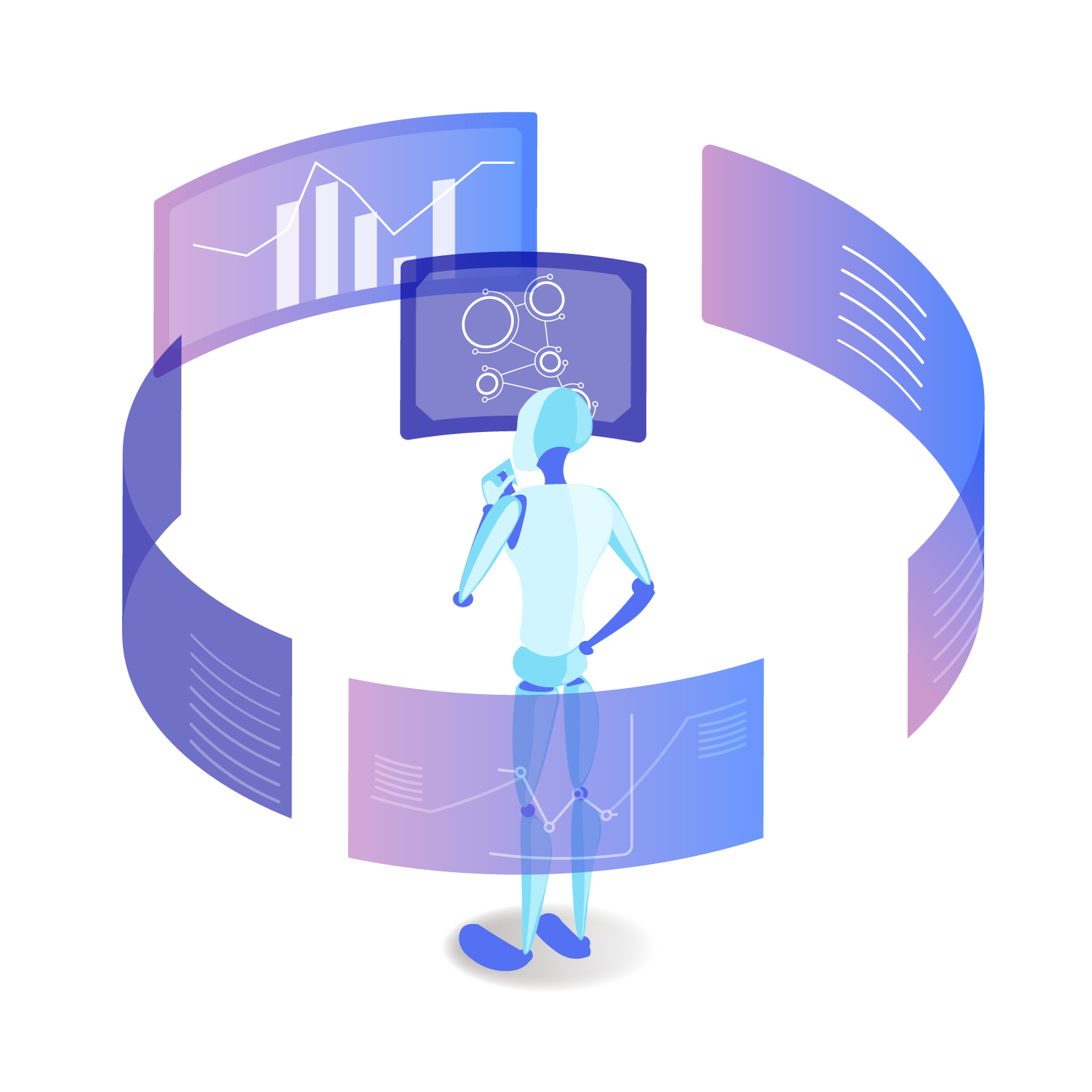 水色のAIのような人を、宙に浮いたPC画面の様なものが取り囲んでいる