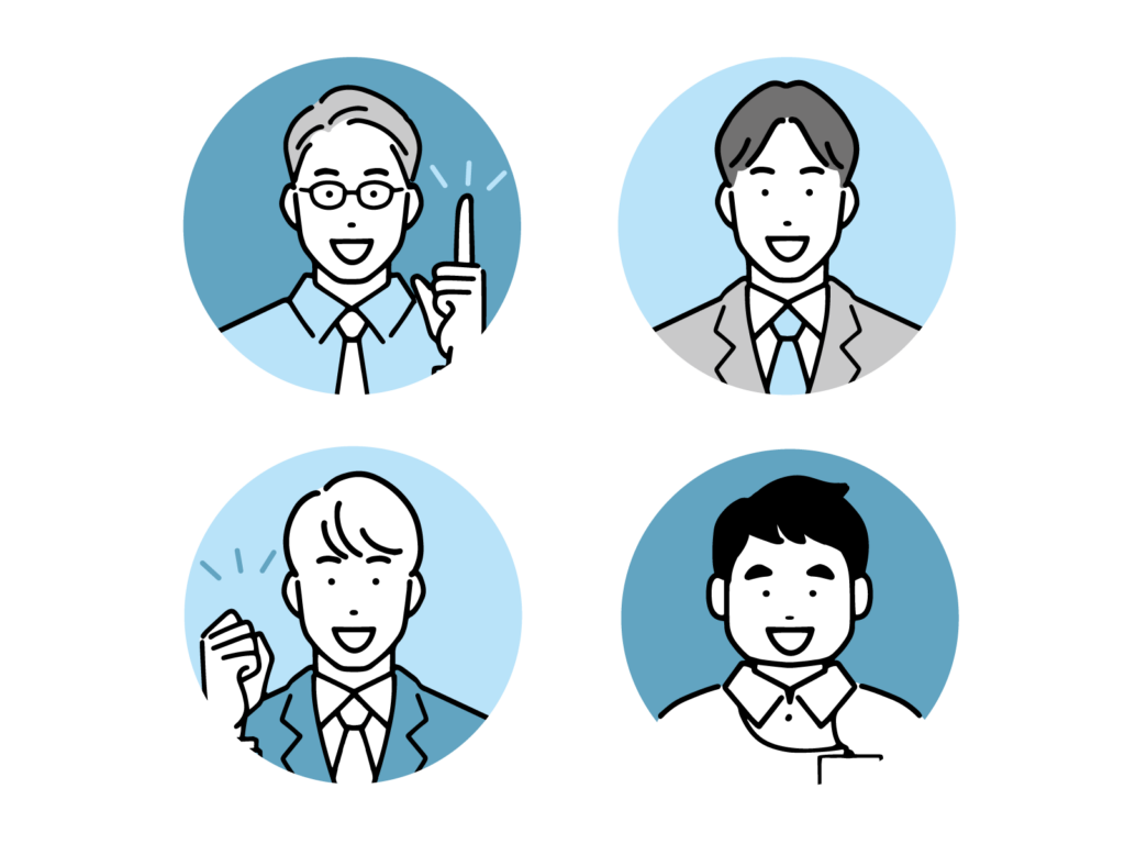 4つの丸いアイコンが2行2列で存在し、その中にスーツを着た笑顔の男性のイラストがある。