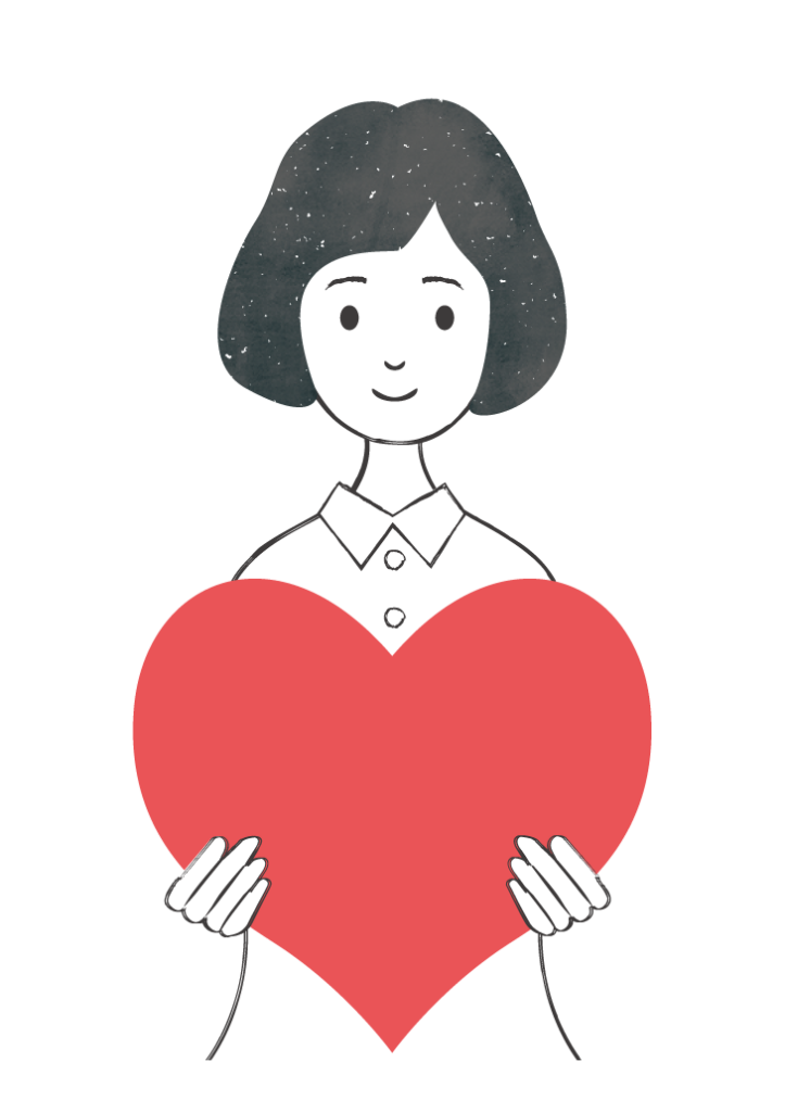 おかっぱ頭の女性が大きな赤いハートのクッションを抱えているイラスト