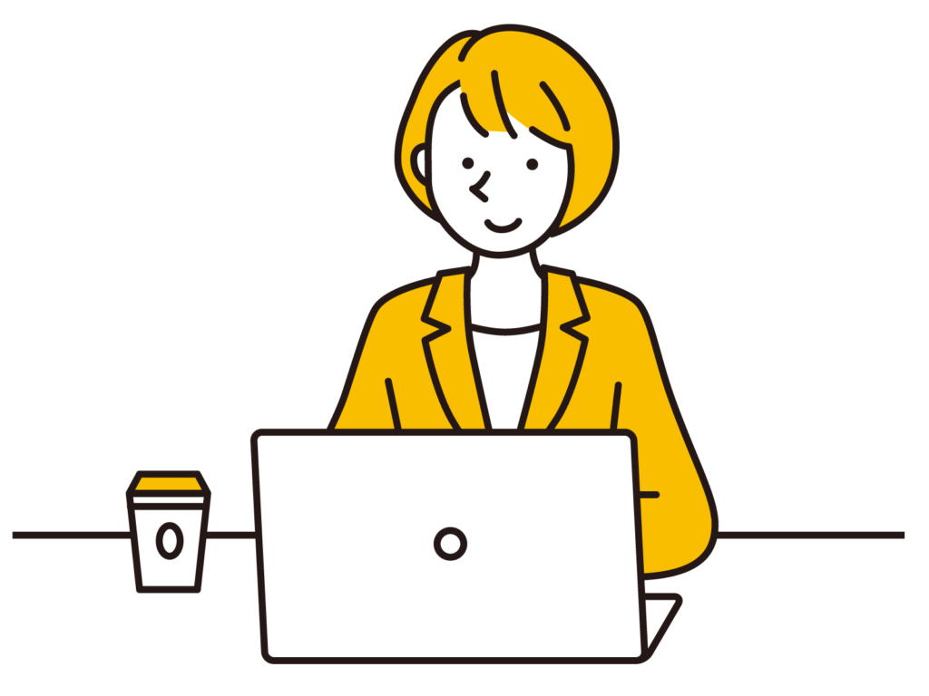 PCをいじっている、スーツも髪色も黄色の女性のイラスト
