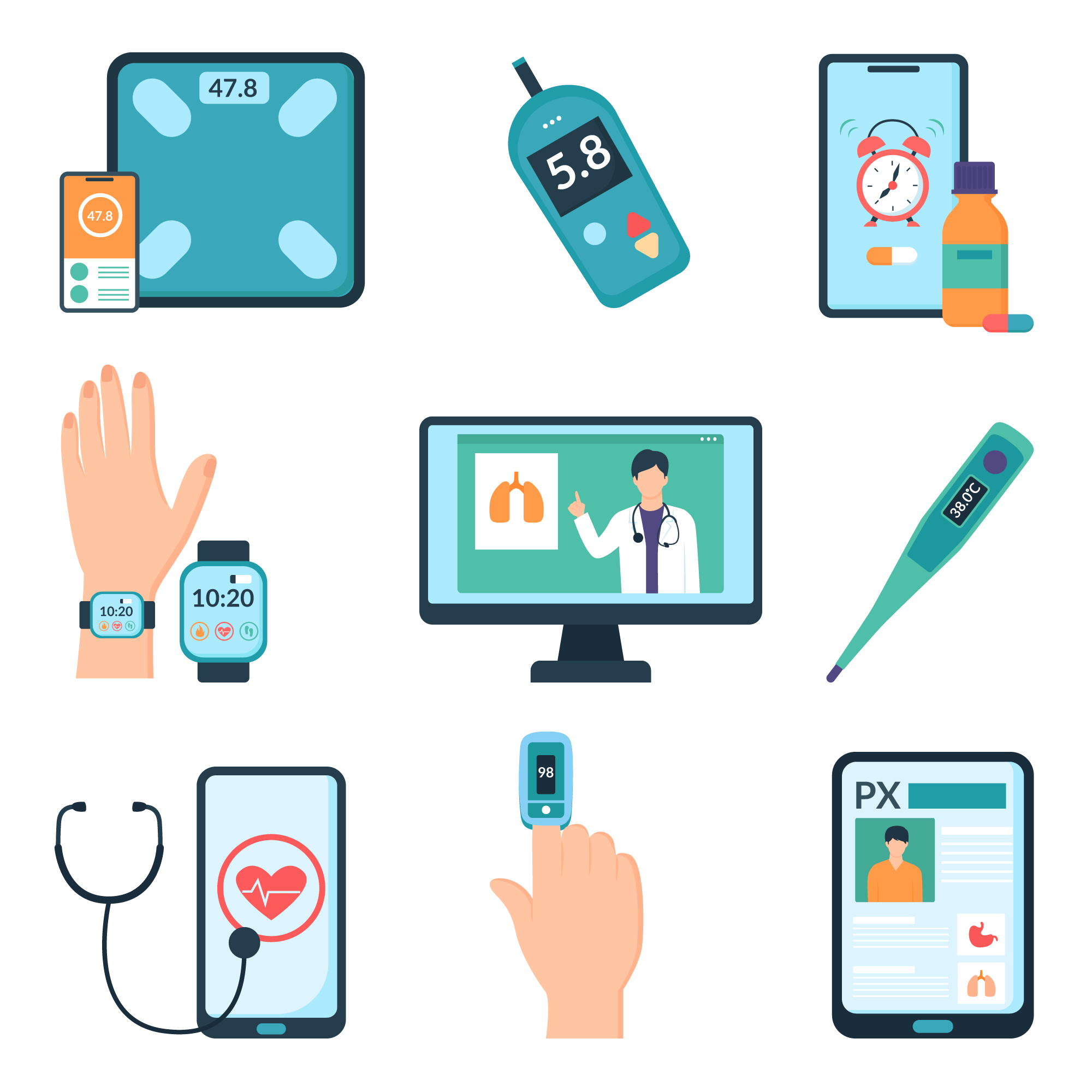 医療系のアプリケーションのイラストが9つある。