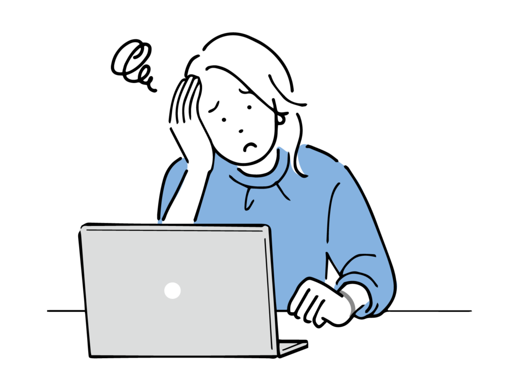PCの前で困っている青い服を着た男性のイラスト
