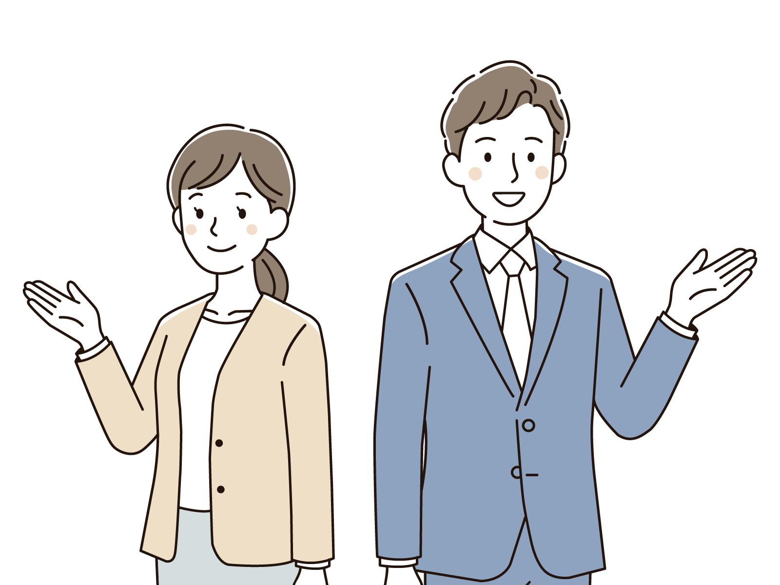 スーツを着た男女が横並びにこちらを向いて出迎えるようなポーズをしている