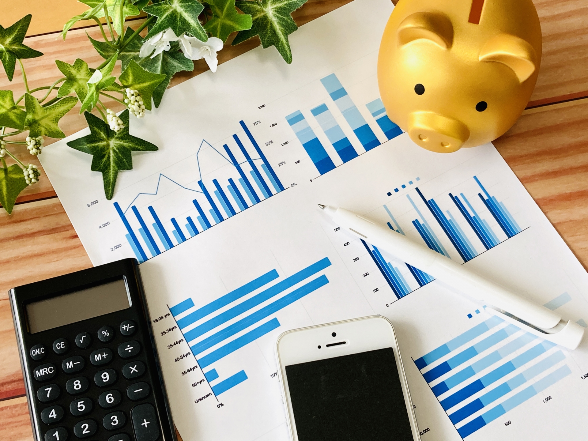 様々なグラフが書かれた紙の上に貯金箱がある