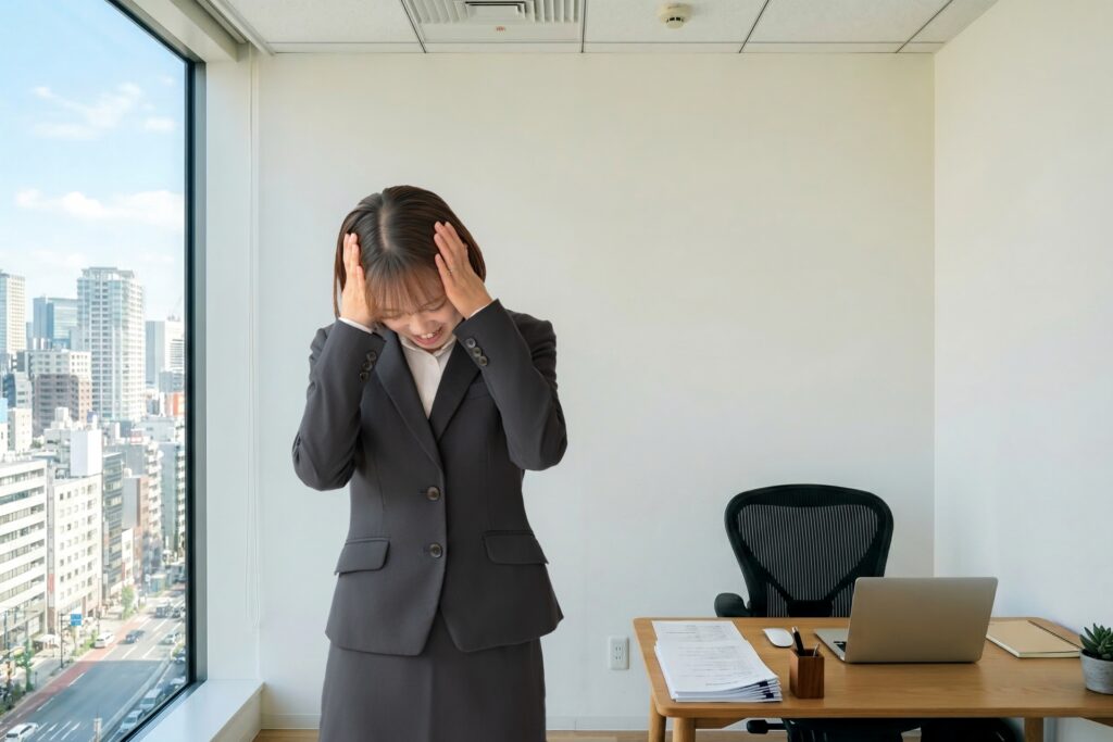 窓際の個室で頭を抱えているスーツを着た女性