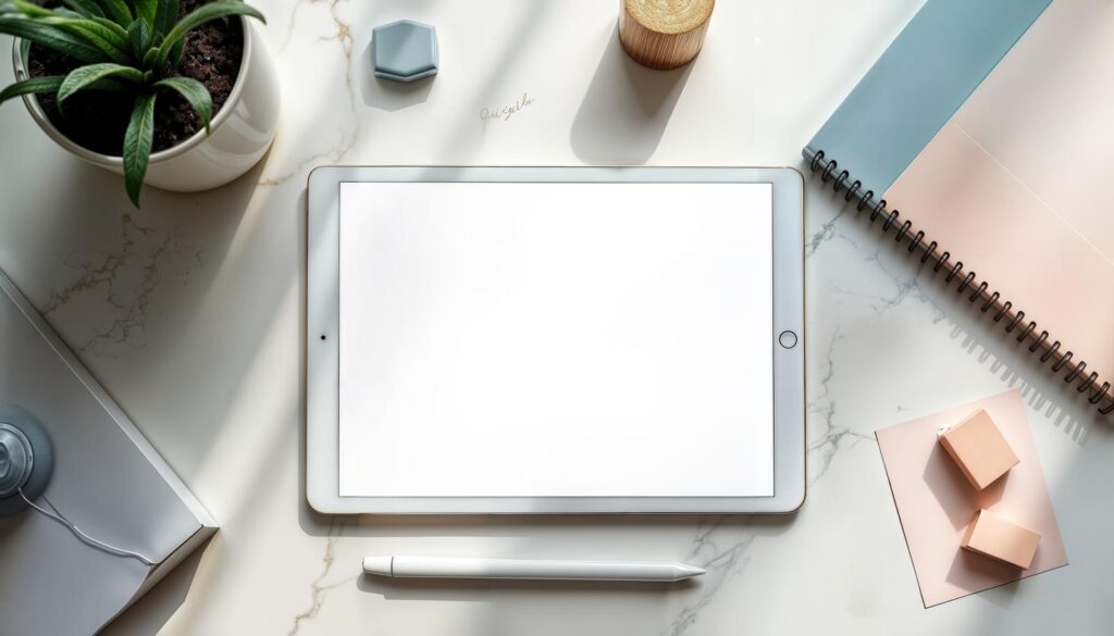 大理石の上に観葉植物やノートブックがあり、真ん中にPadが置いてある