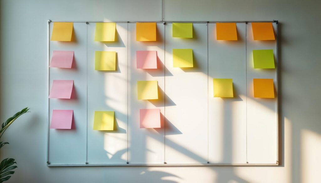 たくさんの付箋がホワイトボードに貼られている