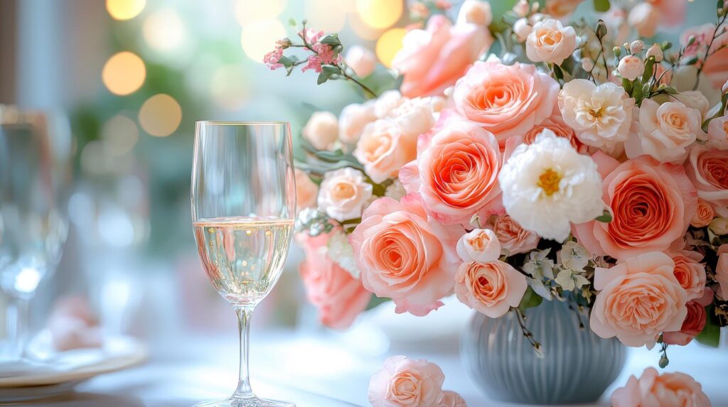 城やピンクのバラが鉢に植えられている