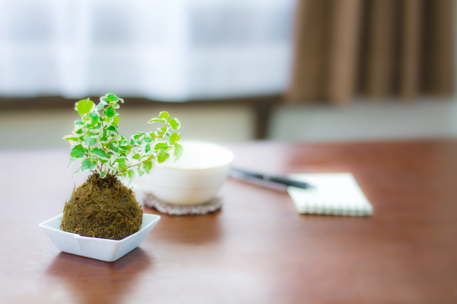 木のテーブルに置かれたコーヒーカップと白いメモ帳