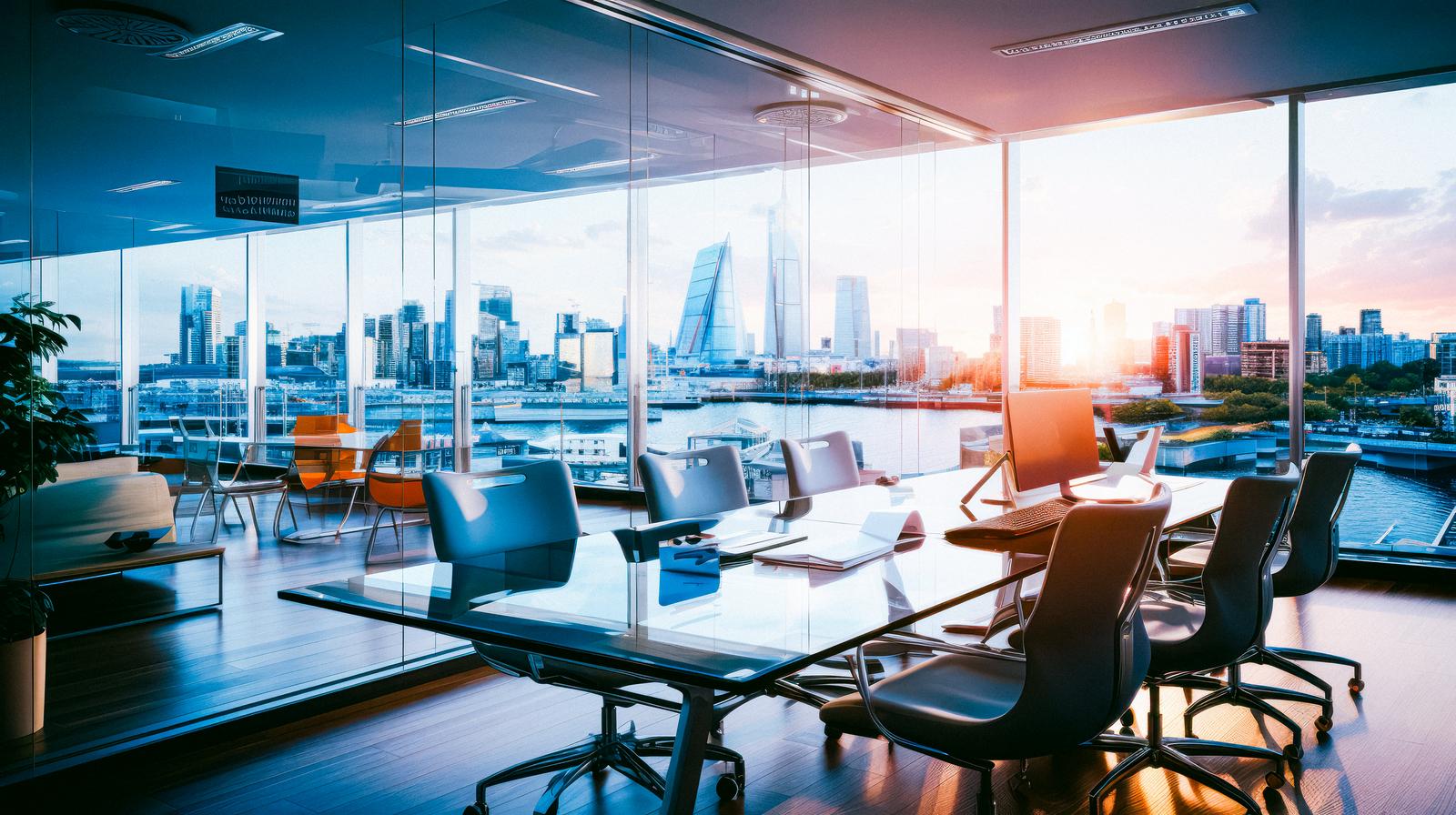 夕焼けの逆光の中、閑散としたオフィスで人が働いている