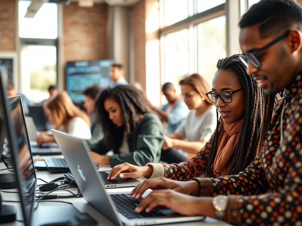 外国人がオフィスにいて横並びでMacbookを打っている